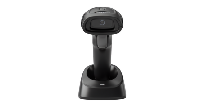 Modern Scanner: A sleek, modern barcode scanner sits on its charging base, ready to streamline operations and provide efficiency in a professional setting.