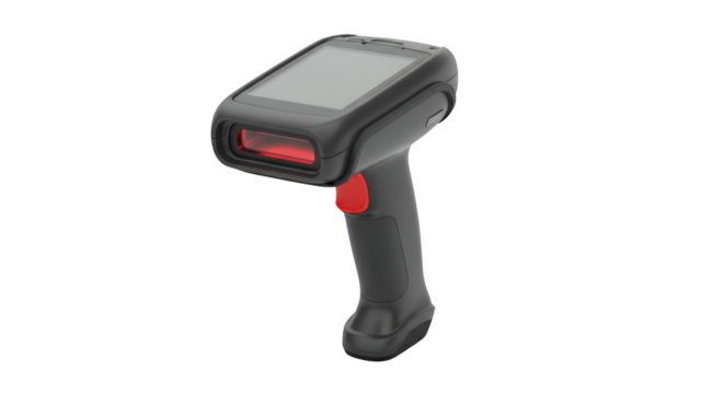 Barcode Scanner: A close-up, technical shot showcasing a modern barcode scanner, highlighting its sleek design, advanced technology, and functionality.