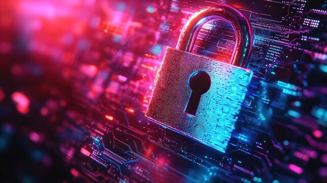 Close-up of a metallic padlock glowing with neon blue and pink lights, placed on a circuit board representing digital security and protection