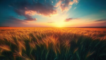 Fototapeta premium Golden wheat field illuminated by warm sunlight with dramatic clouds during sunset creating a peaceful and majestic atmosphere