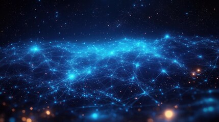 Abstract digital network of glowing blue interconnected nodes and lines on dark background resembling a cosmic web or data visualization