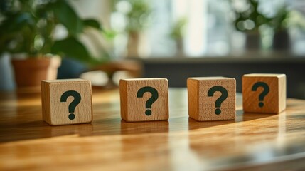 Four wooden blocks with question marks arranged in a row on a wooden surface with green plants and window blurred background suggesting curiosity and inquiry