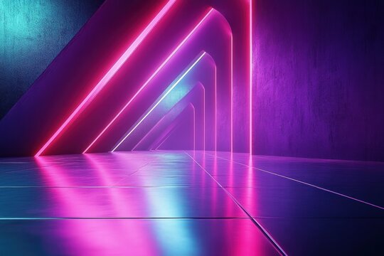 Futuristic empty corridor with glowing neon pink and blue triangular light frames reflecting on shiny floor creating a moody atmosphere