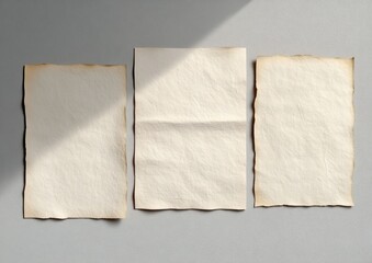 three blank vintage papers with textured surfaces arranged side by side on a gray background with shadows