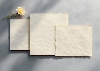 Three pieces of textured white paper with rough edges arranged on a light gray surface accompanied by a delicate single pale yellow rose with a small green stem in soft natural light