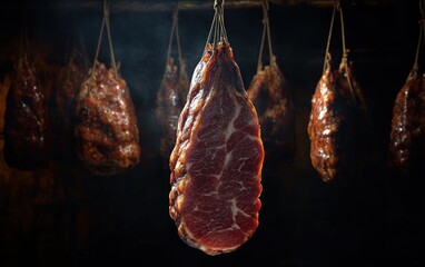 Close-up of cured meat pieces hanging by strings in a dark smokehouse creating a rustic and traditional food preparation atmosphere