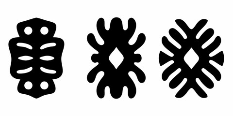 Three adinkra symbols in black color with different shapes and patterns on a white background plain view | editable eps vectors silhouette
