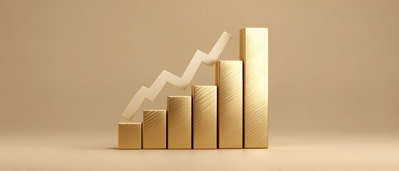 Gold bar graph with rising upward trend showing financial growth and business performance, clean modern data visualization with space for text
