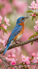 Fototapeta premium Blue orange bird perched pink blossoms white