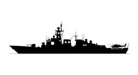 Black silhouette of a modern naval warship with a helicopter on its flight deck.