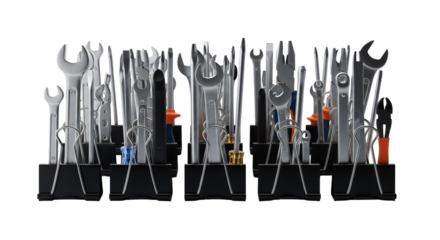 Organized Array of Tools: A meticulously arranged collection of diverse tools, including wrenches, pliers, and screwdrivers, stand neatly in a row, showcasing the beauty of order and functionality. 