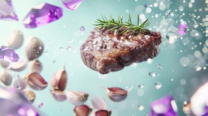 Fresh Raw Steak with Garlic and Rosemary in Dynamic Action Scene