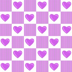 A fun and romantic seamless pattern featuring large, glossy purple hearts and small purple and white checked squares arranged in a grid. This playful and sweet design .