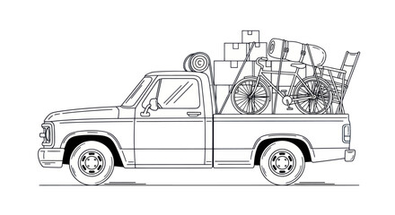 Line Art Illustration of a Pickup Truck Loaded with Moving Boxes and Furniture. © ahmad