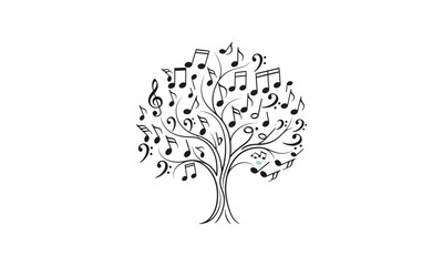 Illustration of a tree with branches and leaves made of musical notes in black and white design concept