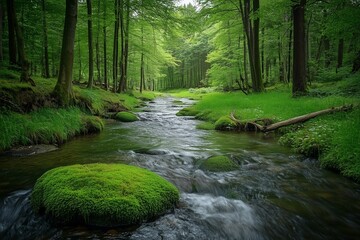Flowing Stream in Lush Green Forest