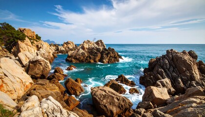Rocky coast meets turquoise ocean under a vibrant blue sky