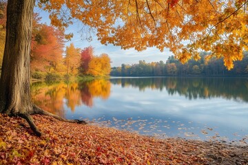 Golden Autumn Reflections by the Lake