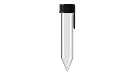 Transparent Laboratory Test Tube: The image features a close-up shot of a transparent laboratory test tube with a conical shape and a black cap, symbolizing scientific research and experimentation. 