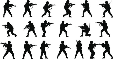 Army soldier silhouettes with rifles, military combat training, tactical forces, war weapons, defense battle, armed fighters, special operations, warrior illustration