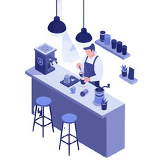 Barista Craft Crafting coffee at a modern cafe with Coffee machines and Stools