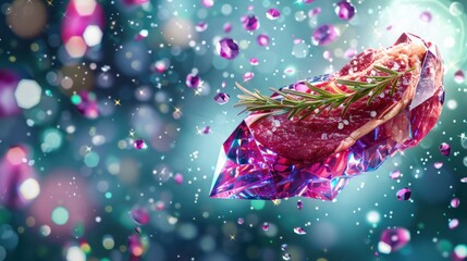 Fresh Raw Steak Wrapped in Colorful Foil with Rosemary on Sparkling Background