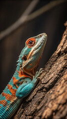 Fototapeta premium Turquoise orange lizard on bark reptile animal