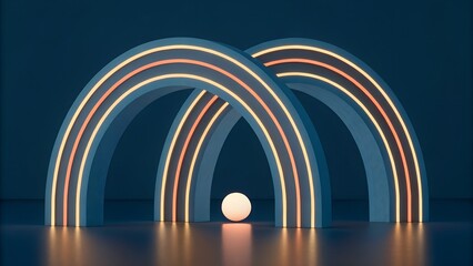 Abstract Arches with Neon Light, Glowing Sphere