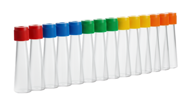 Laboratory Tubes: A colorful collection of empty laboratory tubes, each adorned with a vibrant stopper, perfectly aligned to create a visually appealing and minimalist display.