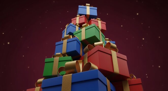 Stacked gift boxes with golden bows are viewed from a low cinematic perspective, an elegant burgundy background with star accents. Holiday concept - Powered by Adobe
