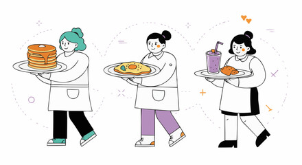 Waitresses Serving Breakfast Dishes Pancakes, Omelette, and Refreshing Drinks in a Restaurant Setting