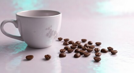 A white coffee cup with coffee beans scattered on a reflective surface under soft studio lighting