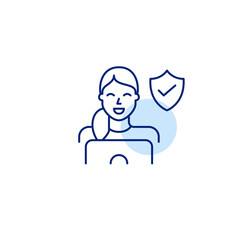 Woman working at laptop, shield and checkmark. Cybersecurity assurance, safe data handling, authenticated login, compliant digital use. Pixel perfect, editable stroke vector icon
