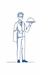 Professional waiter illustration, line art depicting a courteous server in uniform holding a cloche dome and napkin, symbolizing excellent restaurant service