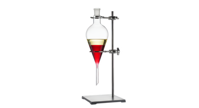 Separation Chemistry Experiment: A striking visual of a laboratory separation experiment with colored liquids, a funnel, and stand, showcasing scientific precision and experimentation. 