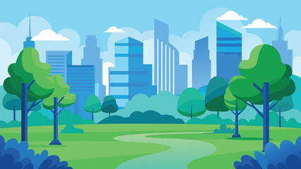 Cartoon City Park Illustration with Winding Path, Blue Buildings, and Trees in Green Shades