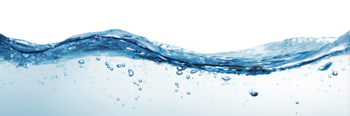 Blue water surface with natural wave movement and with air bubbles isolated on transparent background