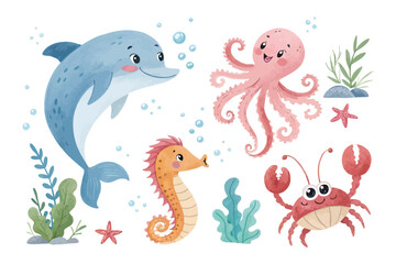 cute Watercolor marine animals