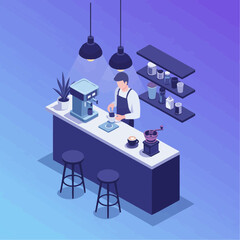 Isometric Cafe Scene Barista Serving Coffee in a Modern Coffee Shop