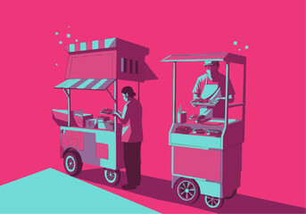 Street Vendors Selling Food in a Bright Pink and Blue Graphic Illustration