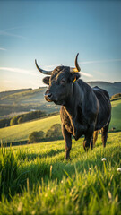 Black bull standing on green hill animal livestock