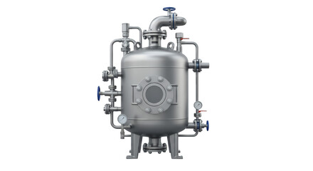 Industrial Stainless Steel Tank: A detailed shot of a stainless steel industrial tank with intricate pipes, valves, and gauges, highlighting engineering.