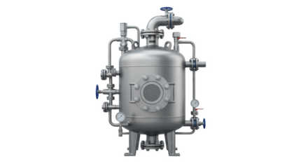 Industrial Stainless Steel Tank: A detailed shot of a stainless steel industrial tank with intricate pipes, valves, and gauges, highlighting engineering.
