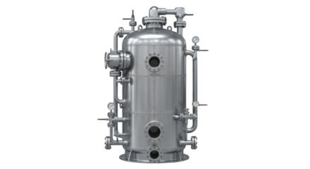 Industrial Tank with a Focus on Detail: A highly detailed rendering of an industrial tank, showcasing the complex network of pipes, valves, and gauges. This image captures the raw.