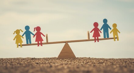 Conceptual image of children on a seesaw, symbolizing balance, equality, and fairness in society.
