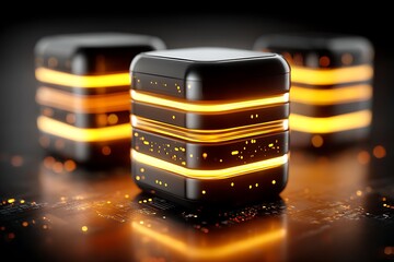 Three black and yellow data storage units server technology