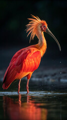 Scarlet ibis with vibrant crest in water bird orange