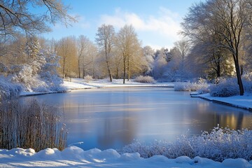 Snowy Park with Frozen Pond