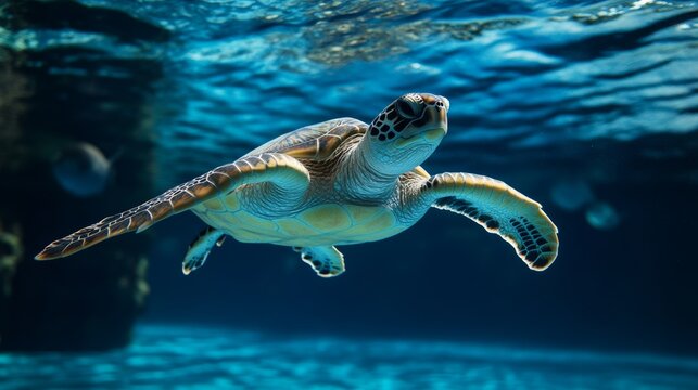 Graceful sea turtle swimming in crystal clear waters of a vibrant aquarium underwater photography tranquil marine environment close-up view