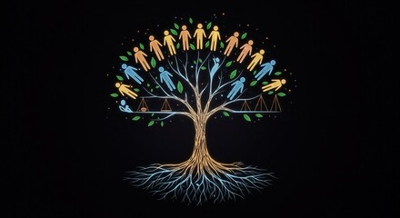 Stylized tree with diverse human figures as leaves and scales of justice on branches, symbolizing community, equality, and interconnectedness.